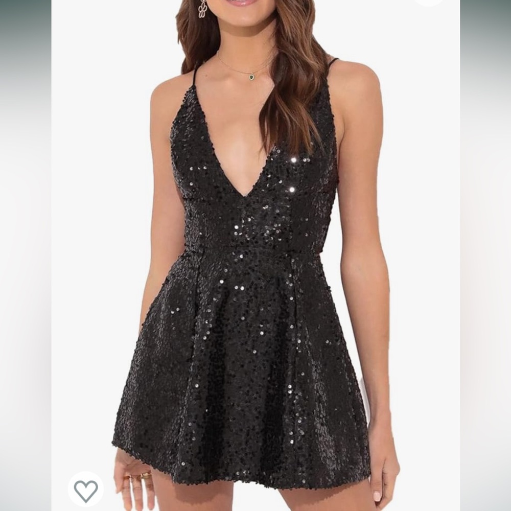Black Sequin Dress Spaghetti Strap Backless Tassel TieUp Mini Dress Large